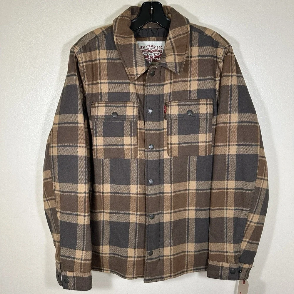 Levi's Quilted Lined Snap Flannel Shacket Adult Small Brown Beige‎ Plaid Jacket
